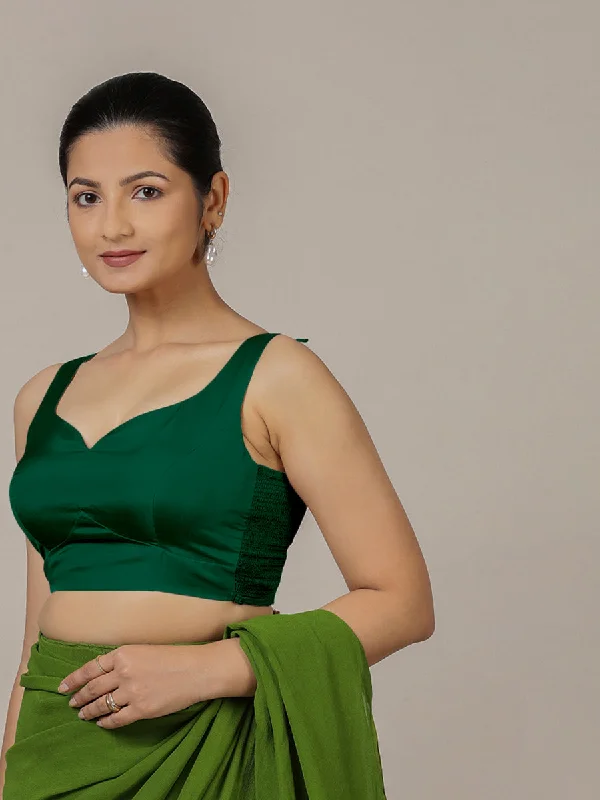 Ishika x Rozaana | Bottle Green Sleeveless FlexiFit™ Saree Blouse with Beetle Leaf Neckline and Back Cut-out with Tie-Up