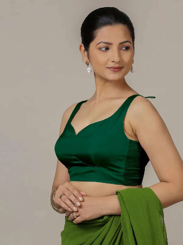 Ishika x Rozaana | Bottle Green Sleeveless FlexiFit™ Saree Blouse with Beetle Leaf Neckline and Back Cut-out with Tie-Up