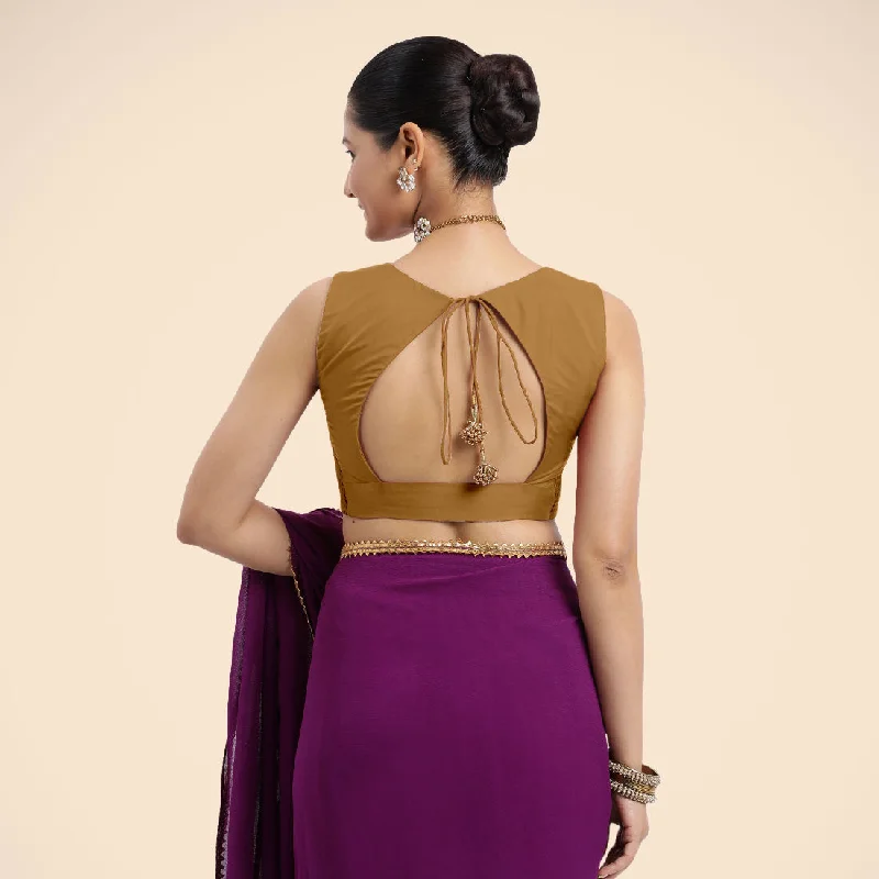 Nazia x Rozaana | Bronze Gold Sleeveless FlexiFit™ Saree Blouse with Front Open Curved V Neckline with Deep Back and Dori