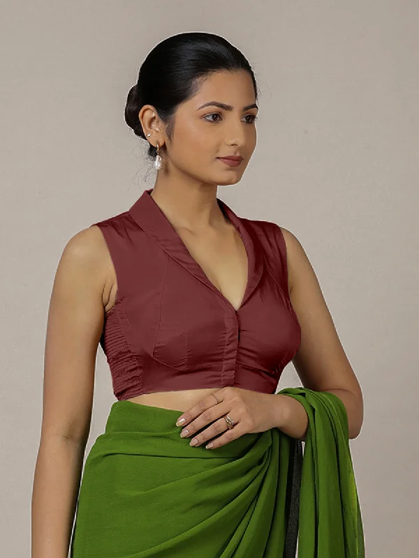 Avni x Rozaana | Burgundy Sleeveless FlexiFit™ Saree Blouse with Elegant Shawl Collar