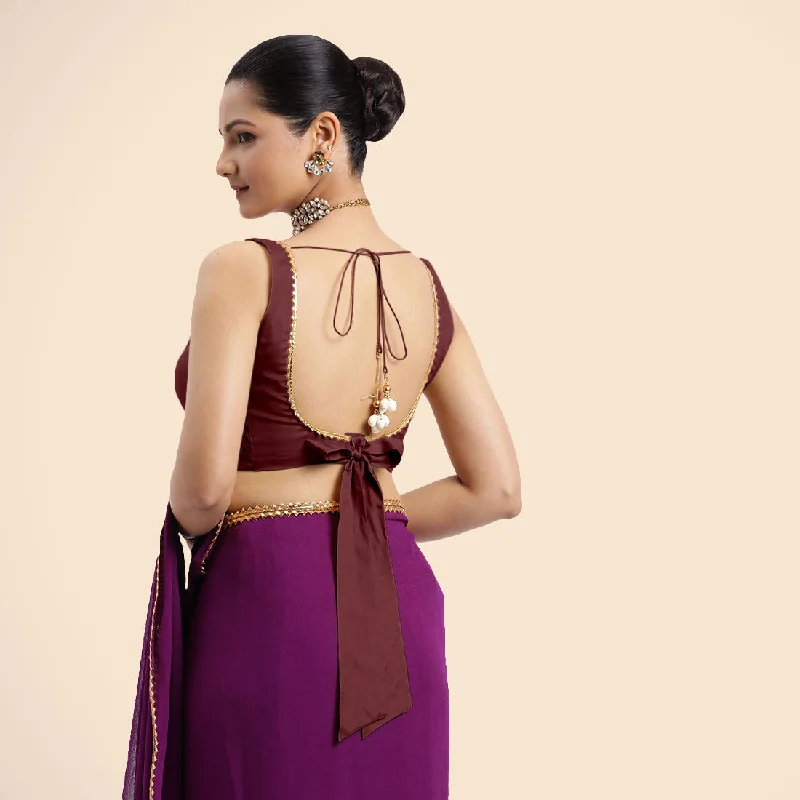 Raisa x Tyohaar | Burgundy Sleeveless FlexiFit™ Saree Blouse with V Neckline with Golden Gota Lace Embellishment and Back Cut-out with Tie-Up