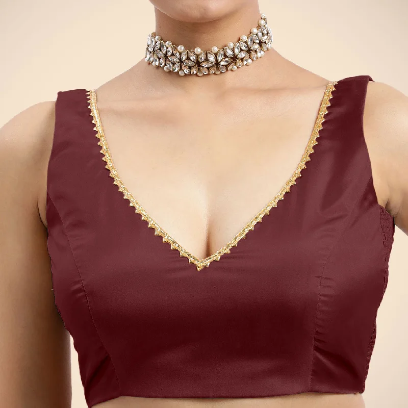 Raisa x Tyohaar | Burgundy Sleeveless FlexiFit™ Saree Blouse with V Neckline with Golden Gota Lace Embellishment and Back Cut-out with Tie-Up