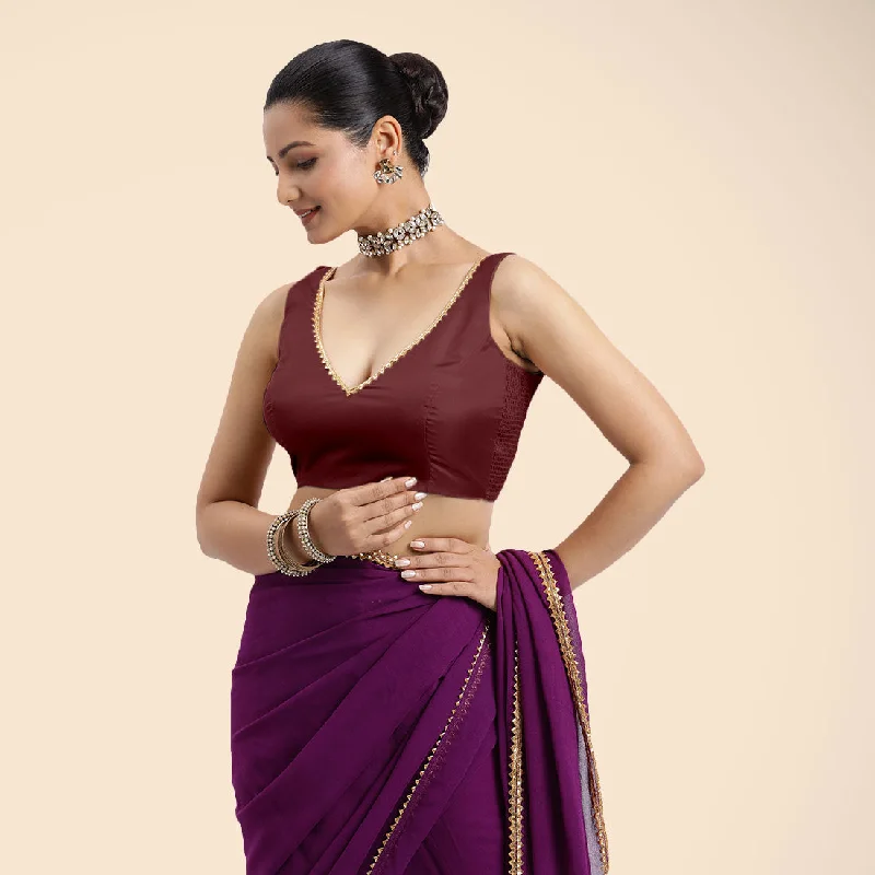 Raisa x Tyohaar | Burgundy Sleeveless FlexiFit™ Saree Blouse with V Neckline with Golden Gota Lace Embellishment and Back Cut-out with Tie-Up