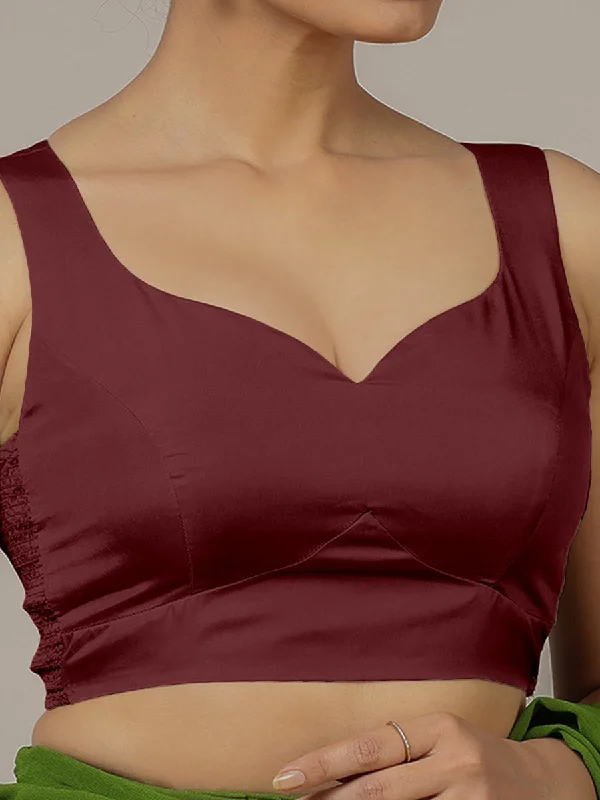 Ishika x Rozaana | Burgundy Sleeveless FlexiFit™ Saree Blouse with Beetle Leaf Neckline and Back Cut-out with Tie-Up