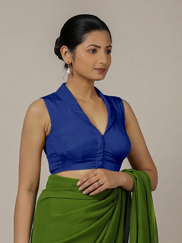 Avni x Rozaana | Cobalt Blue Sleeveless FlexiFit™ Saree Blouse with Elegant Shawl Collar