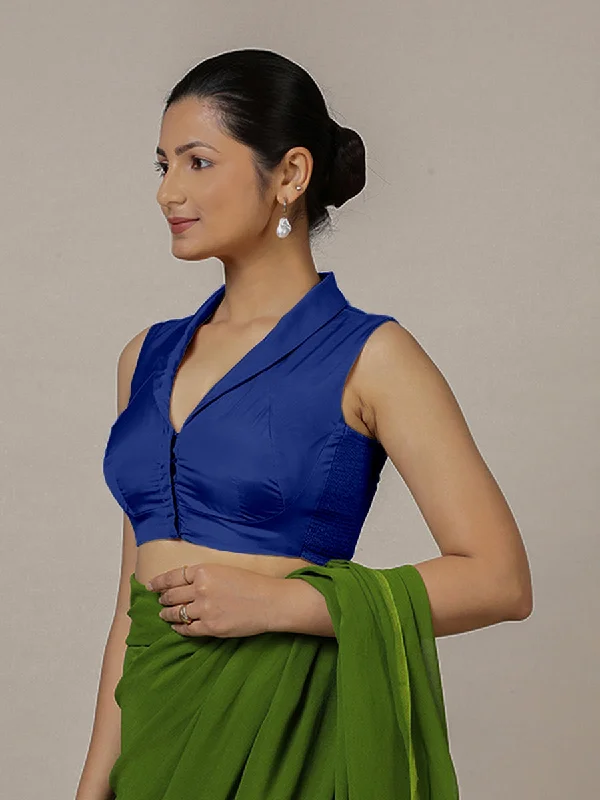 Avni x Rozaana | Cobalt Blue Sleeveless FlexiFit™ Saree Blouse with Elegant Shawl Collar