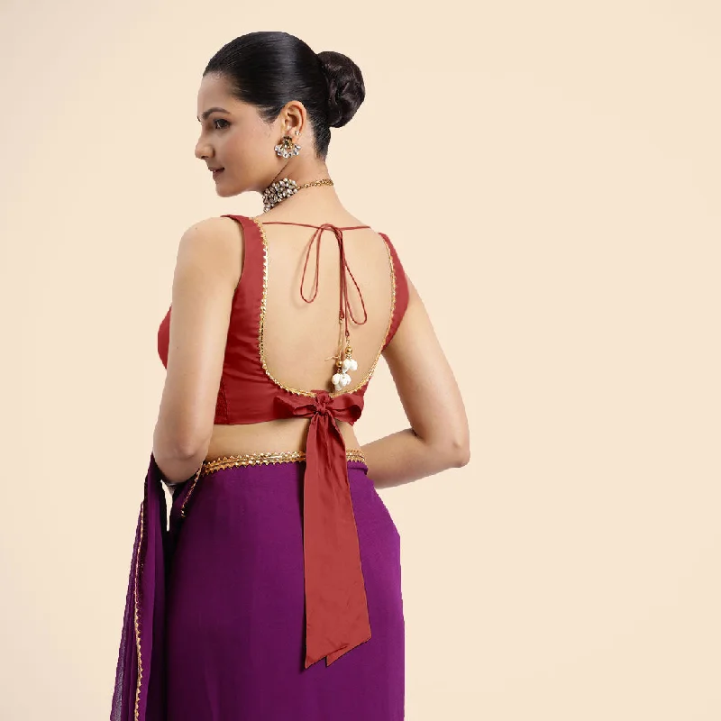 Raisa x Tyohaar | Crimson Red Sleeveless FlexiFit™ Saree Blouse with V Neckline with Golden Gota Lace Embellishment and Back Cut-out with Tie-Up