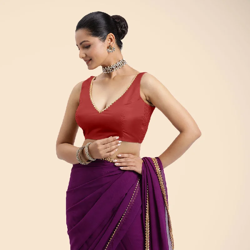 Raisa x Tyohaar | Crimson Red Sleeveless FlexiFit™ Saree Blouse with V Neckline with Golden Gota Lace Embellishment and Back Cut-out with Tie-Up