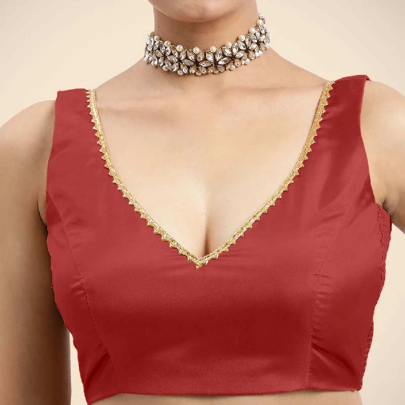 Raisa x Tyohaar | Crimson Red Sleeveless FlexiFit™ Saree Blouse with V Neckline with Golden Gota Lace Embellishment and Back Cut-out with Tie-Up