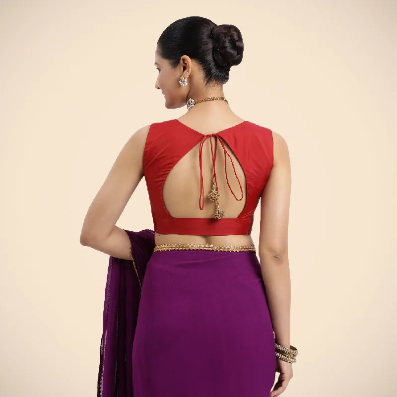 Nazia x Rozaana | Crimson Red Sleeveless FlexiFit™ Saree Blouse with Front Open Curved V Neckline with Deep Back and Dori