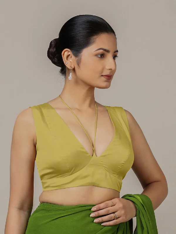 Ahana x Rozaana | Lemon Yellow Sleeveless FlexiFit™ Saree Blouse with Plunging Neckline and Back Cut Out with Tie-up