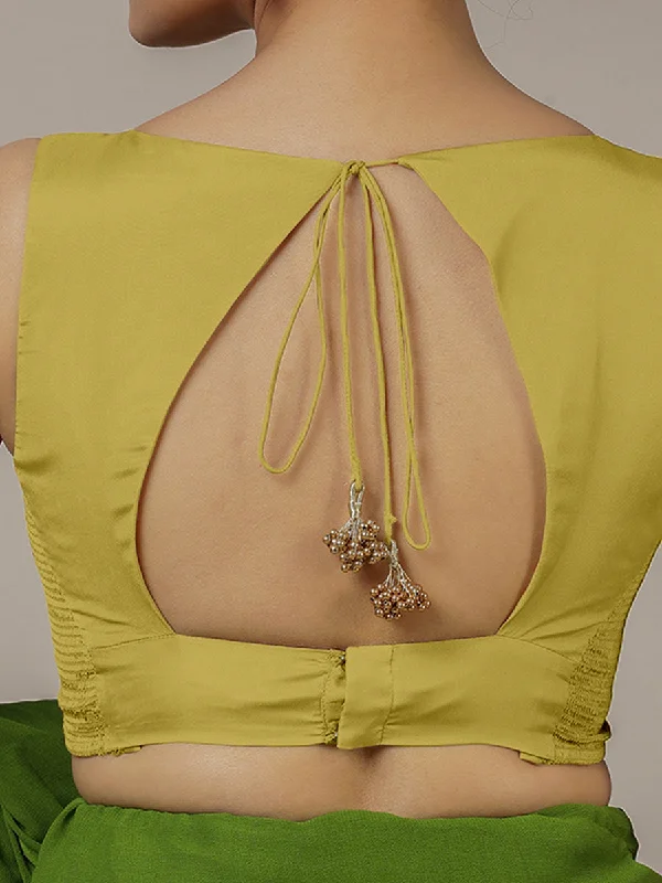 Ishika x Rozaana | Lemon Yellow Sleeveless FlexiFit™ Saree Blouse with Beetle Leaf Neckline and Back Cut-out with Tie-Up