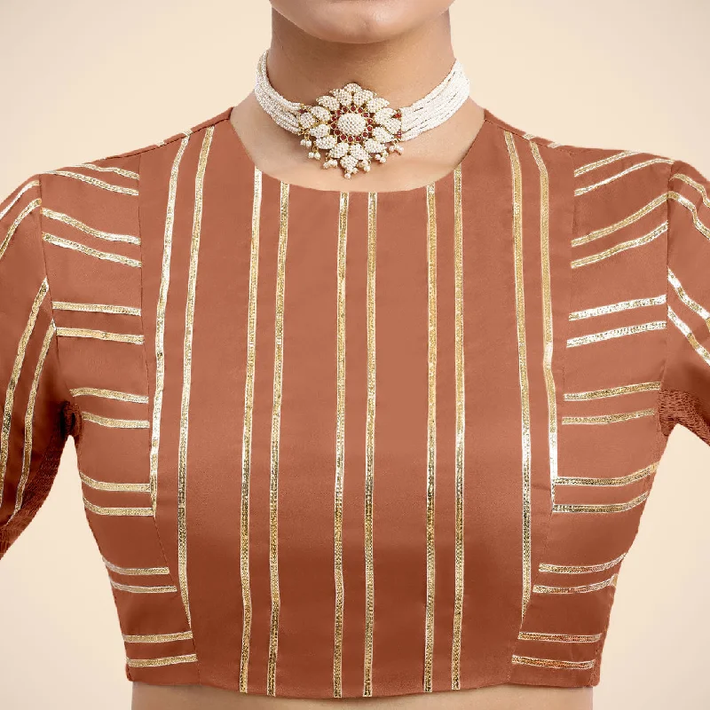 Shaheen x Tyohaar | Metallic Copper Elbow Sleeves FlexiFit™ Saree Blouse with Zero Neck with Back Cut-Out and Golden Gota Embellishment