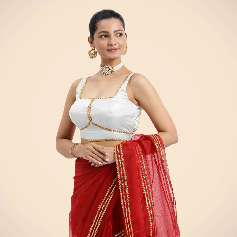 Arya x Tyohaar | Pearl White Sleeveless FlexiFit™ Saree Blouse with Square Neck and Back Window Embeliished with Golden Gota and Pearl Lace