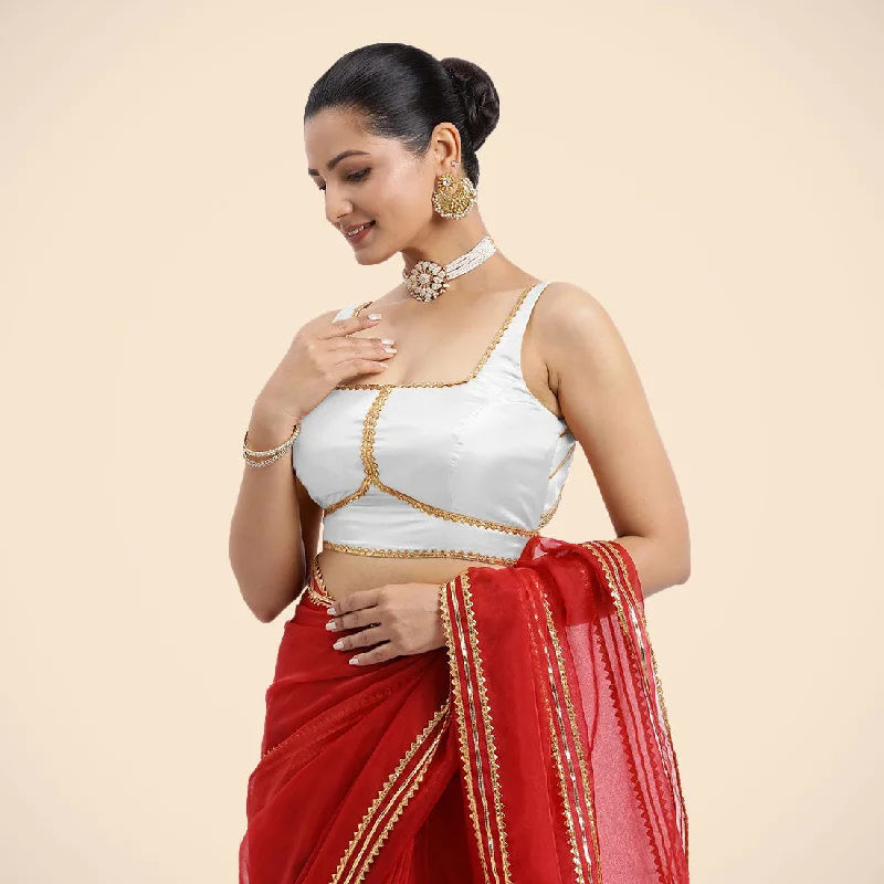 Arya x Tyohaar | Pearl White Sleeveless FlexiFit™ Saree Blouse with Square Neck and Back Window Embeliished with Golden Gota and Pearl Lace