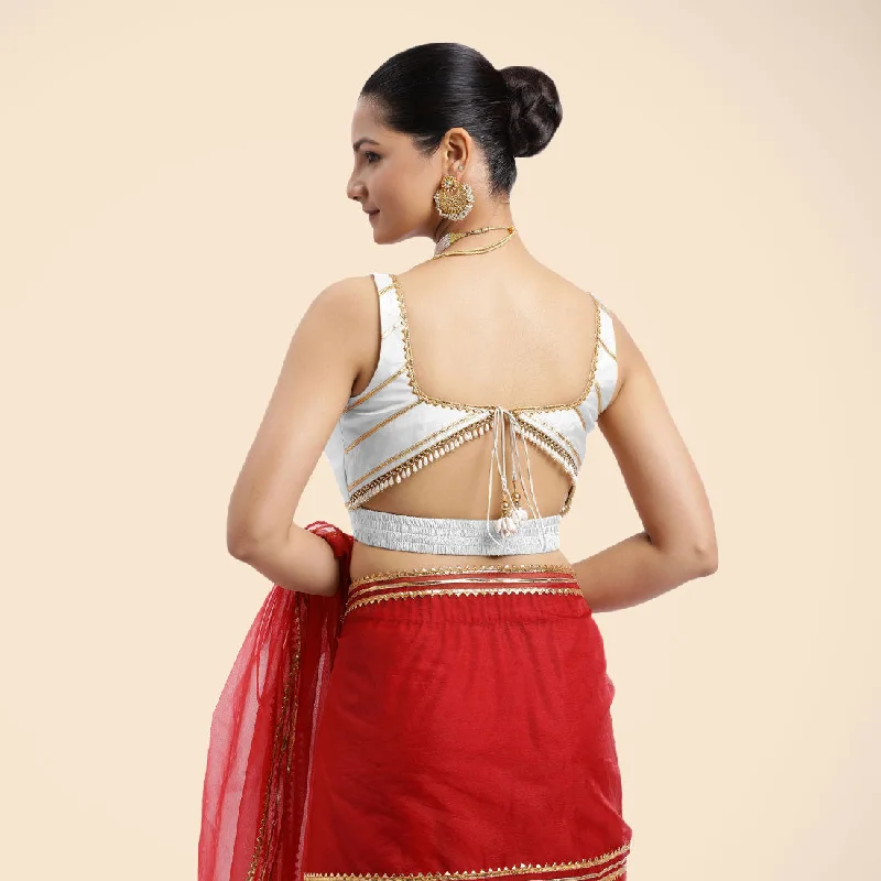 Arya x Tyohaar | Pearl White Sleeveless FlexiFit™ Saree Blouse with Square Neck and Back Window Embeliished with Golden Gota and Pearl Lace