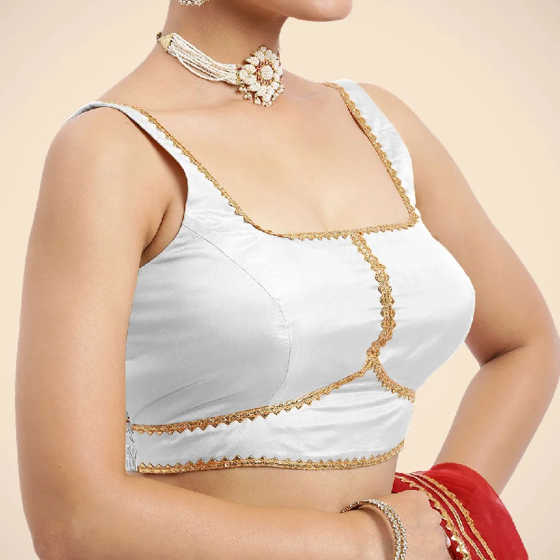 Arya x Tyohaar | Pearl White Sleeveless FlexiFit™ Saree Blouse with Square Neck and Back Window Embeliished with Golden Gota and Pearl Lace