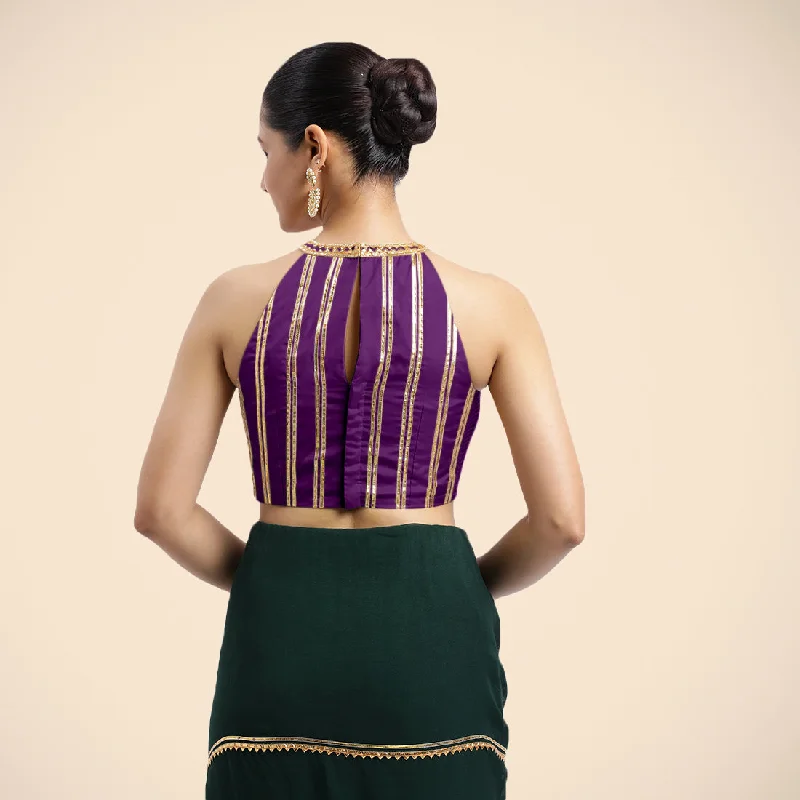 Zubeida x Tyohaar | Purple Halterneck FlexiFit™ Saree Blouse with Elegant Golden Gota Embellishment on Princess Line