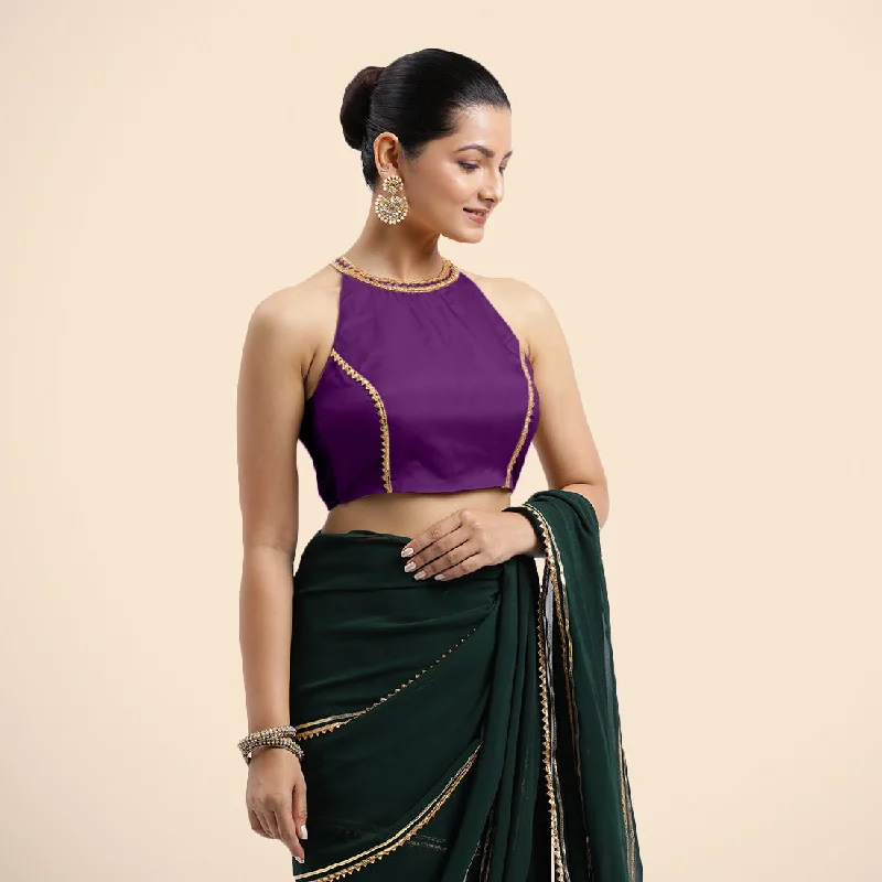 Zubeida x Tyohaar | Purple Halterneck FlexiFit™ Saree Blouse with Elegant Golden Gota Embellishment on Princess Line