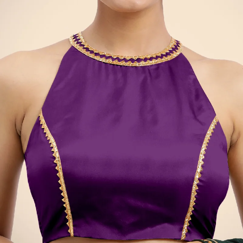 Zubeida x Tyohaar | Purple Halterneck FlexiFit™ Saree Blouse with Elegant Golden Gota Embellishment on Princess Line