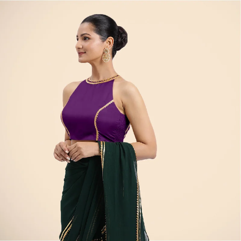 Zubeida x Tyohaar | Purple Halterneck FlexiFit™ Saree Blouse with Elegant Golden Gota Embellishment on Princess Line