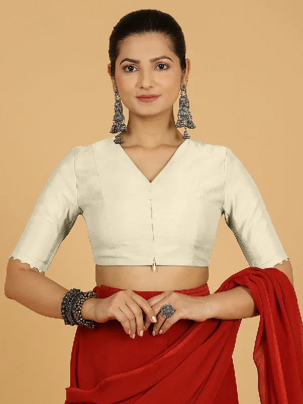 Divya x Rozaana | Elbow Sleeves Saree Blouse in Ivory