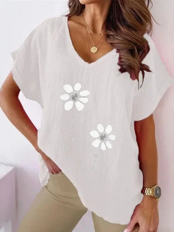 Summer Printed V-neck Casual Batwing Short Sleeve T-shirt