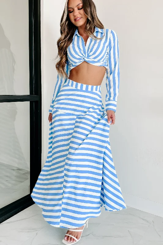 Travel Far Away Striped Two Piece Skirt Set (White/Blue)