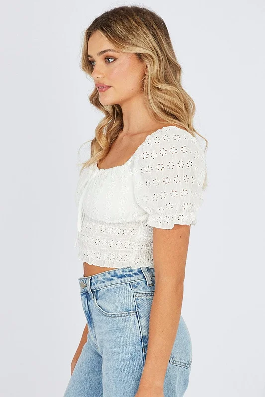 White Crop Top Short Sleeve Eyelet