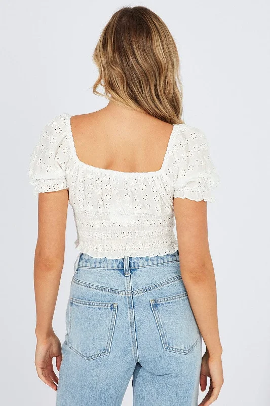 White Crop Top Short Sleeve Eyelet