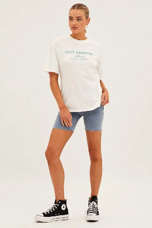 White Embroided Crew Neck Short Sleeve T Shirt