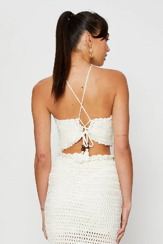 White Knit Top Crop Crochet