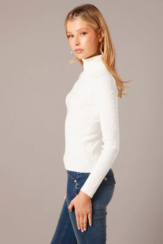 White Knit Top Long Sleeve High Neck