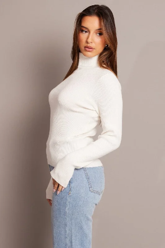 White Knit Top Long Sleeve High Neck