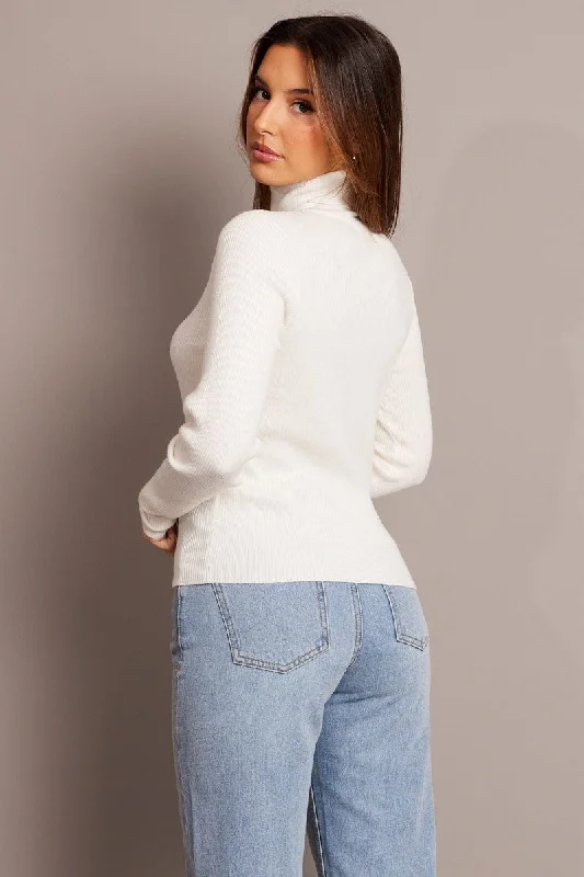 White Knit Top Long Sleeve High Neck