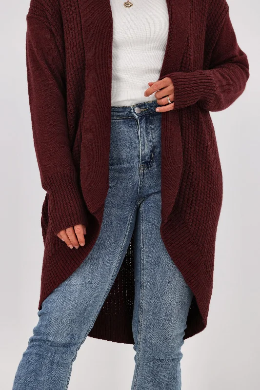 Alpine By Shine On Piccolo Merino Longline Scooped Hem Cardigan Claret