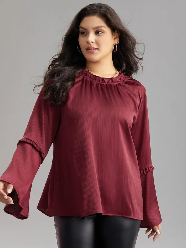 Anti-Wrinkle Plain Frill Trim Bell Sleeve Blouse