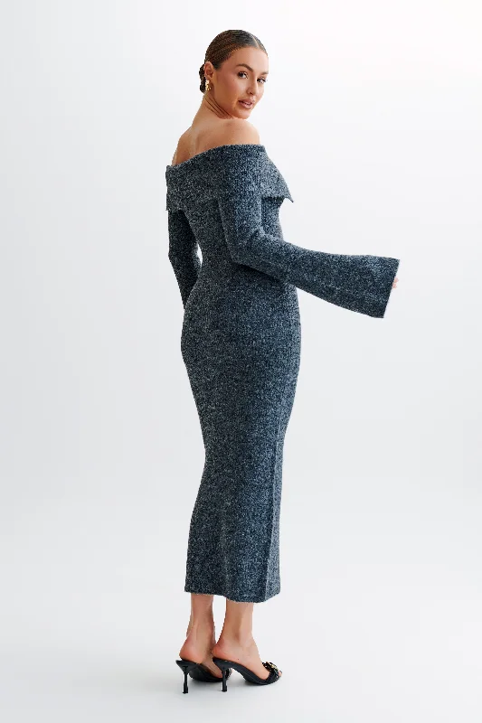 Baxter Off Shoulder Fluffy Knit Midi Dress - Charcoal