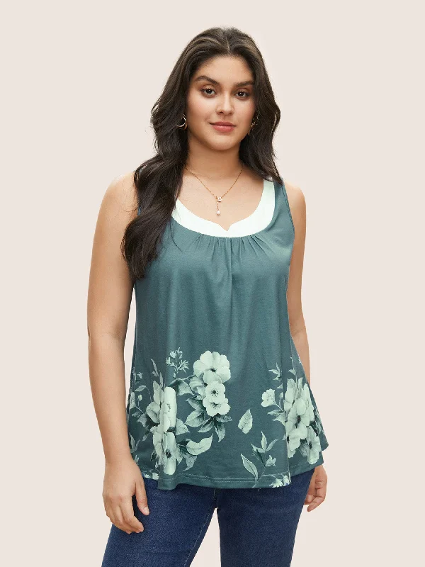 Boho Print Contrast Notched Tank Top