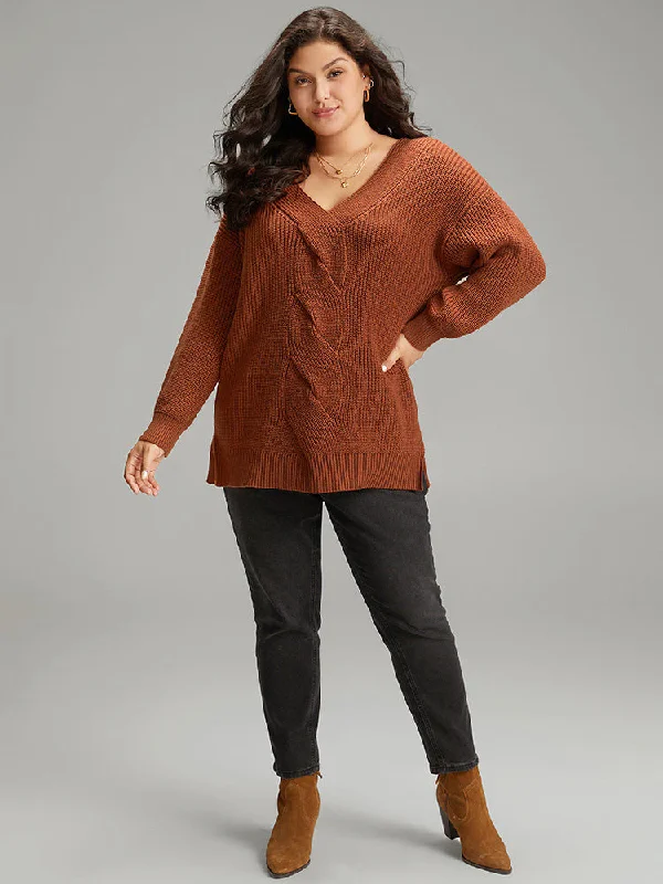 Cable Knit Split Side Elastic Cuffs Pullover