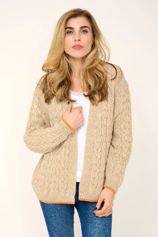 Cashmere Mix Double Ply Cable Knitted Cardigan in Beige