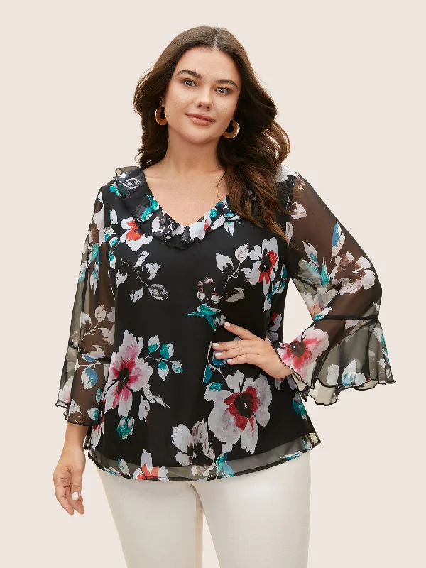 Chiffon Floral Ruffles Mesh Blouse