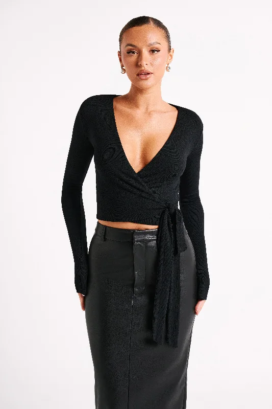 Flora Long Sleeve Wrap Top - Black