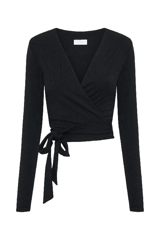 Flora Long Sleeve Wrap Top - Black