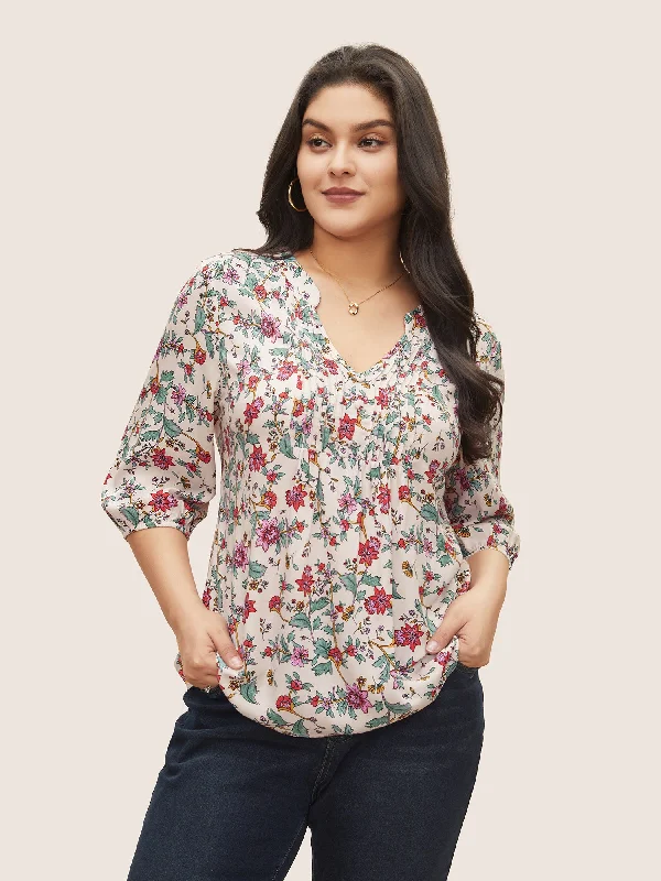 Floral Notched Pleated Lantern Sleeve Blouse