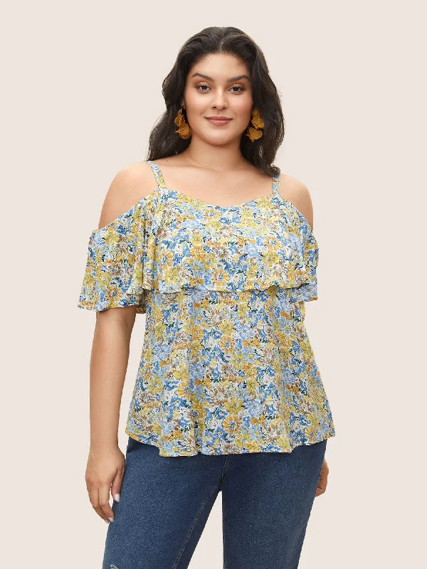 Floral One Shoulder Neck Adjustable Straps Blouse