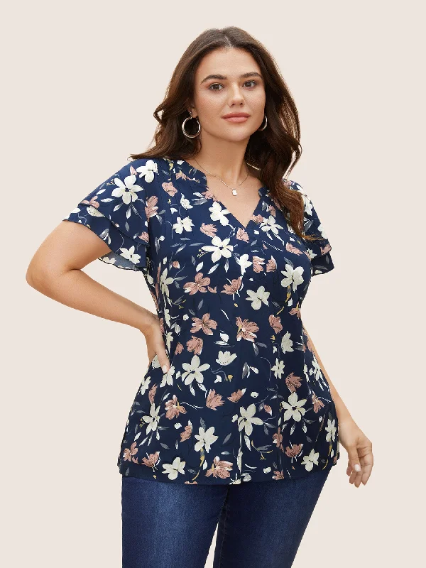 Floral Print Tiered Ruffle Sleeve Pleated Blouse