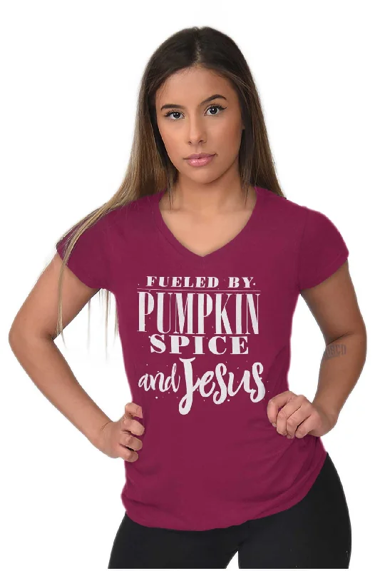 Fueled by PSLs and Jesus Junior Fit V-Neck T Shirt