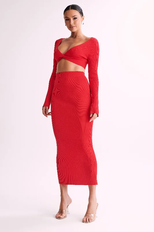 Kaesha Split Maxi Knitted Skirt - Red