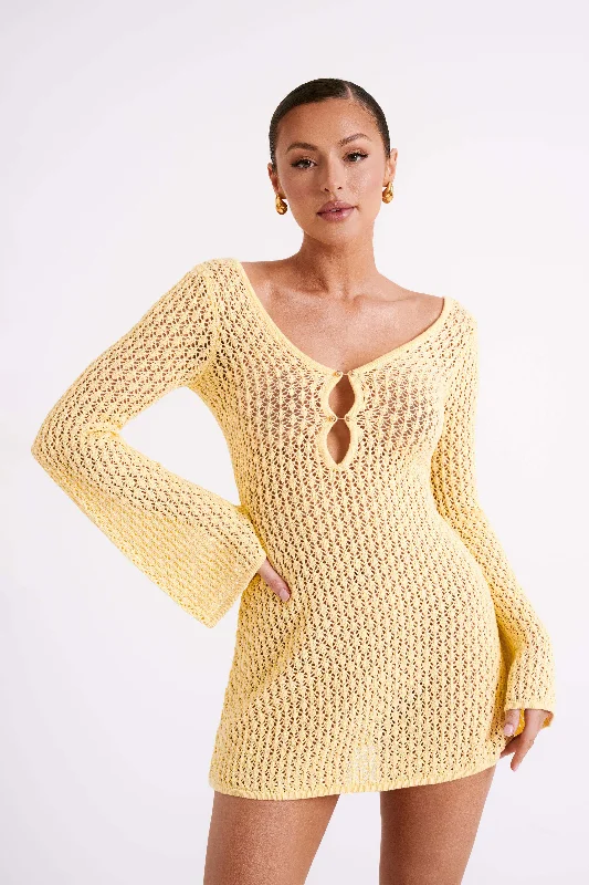 Kayleigh Crochet Knit Mini Dress - Lemon